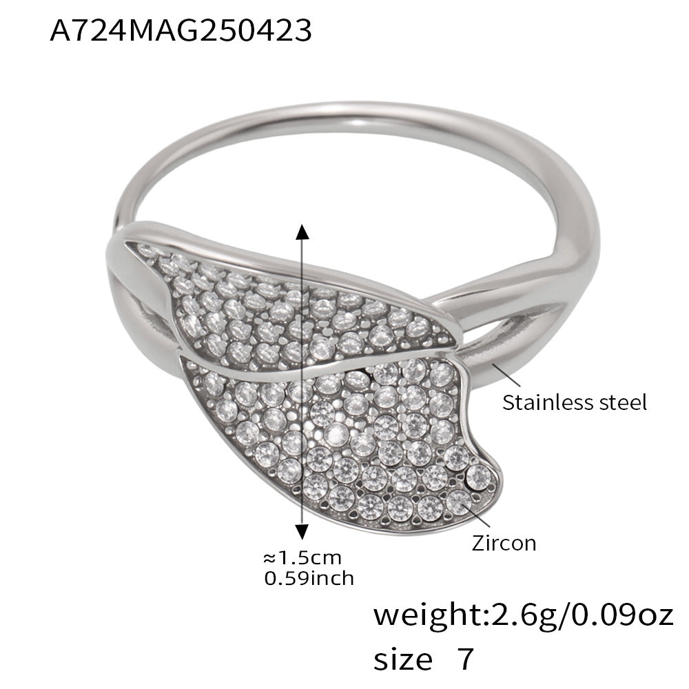 316L stainless steel pave zircon leaf statement ring silver, waterproof hypoallergenic cubic zirconia statement ring wholesale