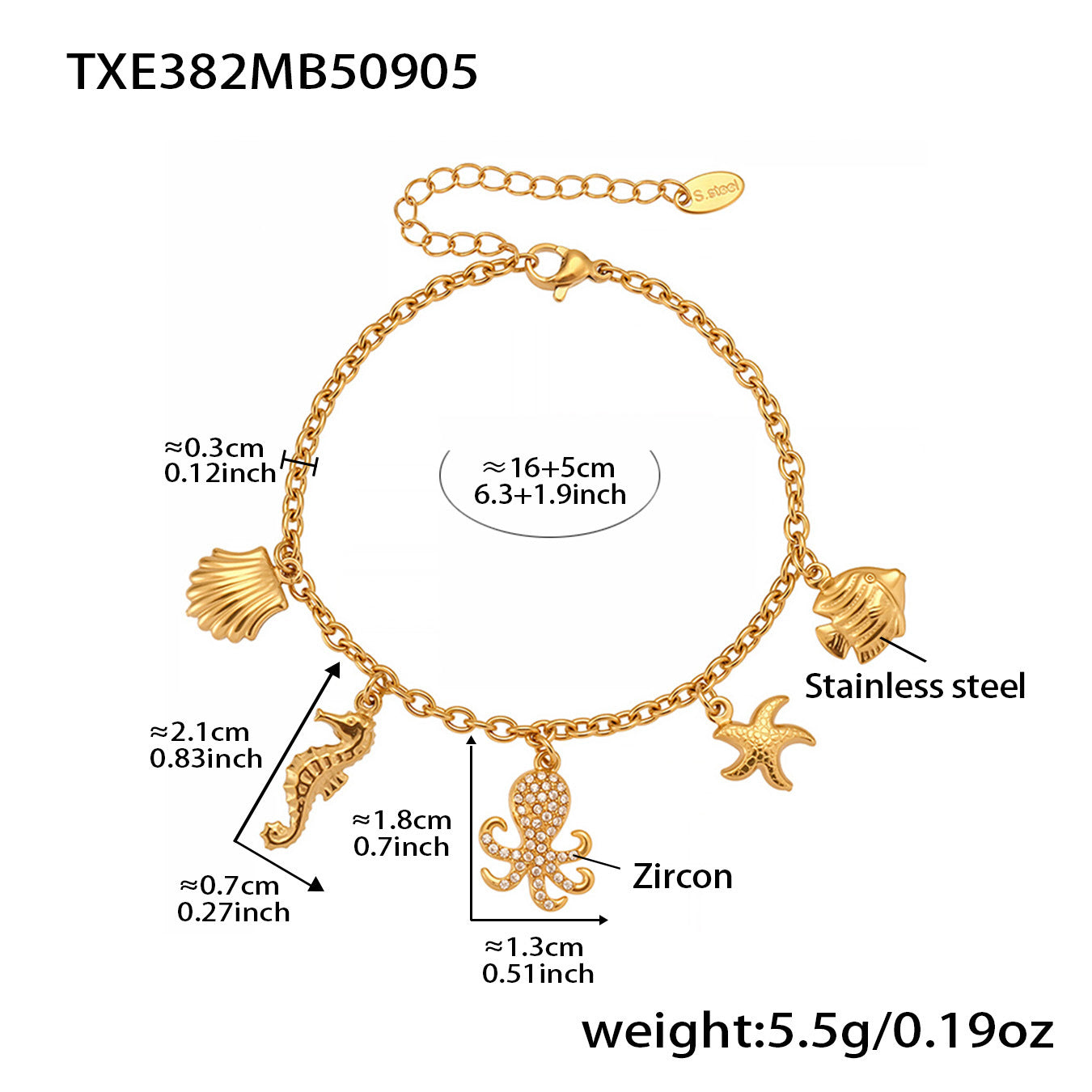 316L Stainless Steel Pave Zircon Octopus & Shell Charm Set - Image 1