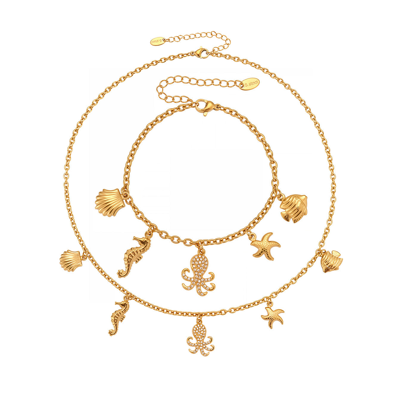 316L Stainless Steel Pave Zircon Octopus & Shell Charm Set - Image 3