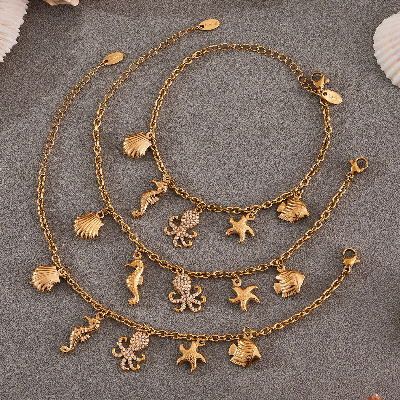 316L Stainless Steel Pave Zircon Octopus & Shell Charm Set - Image 4