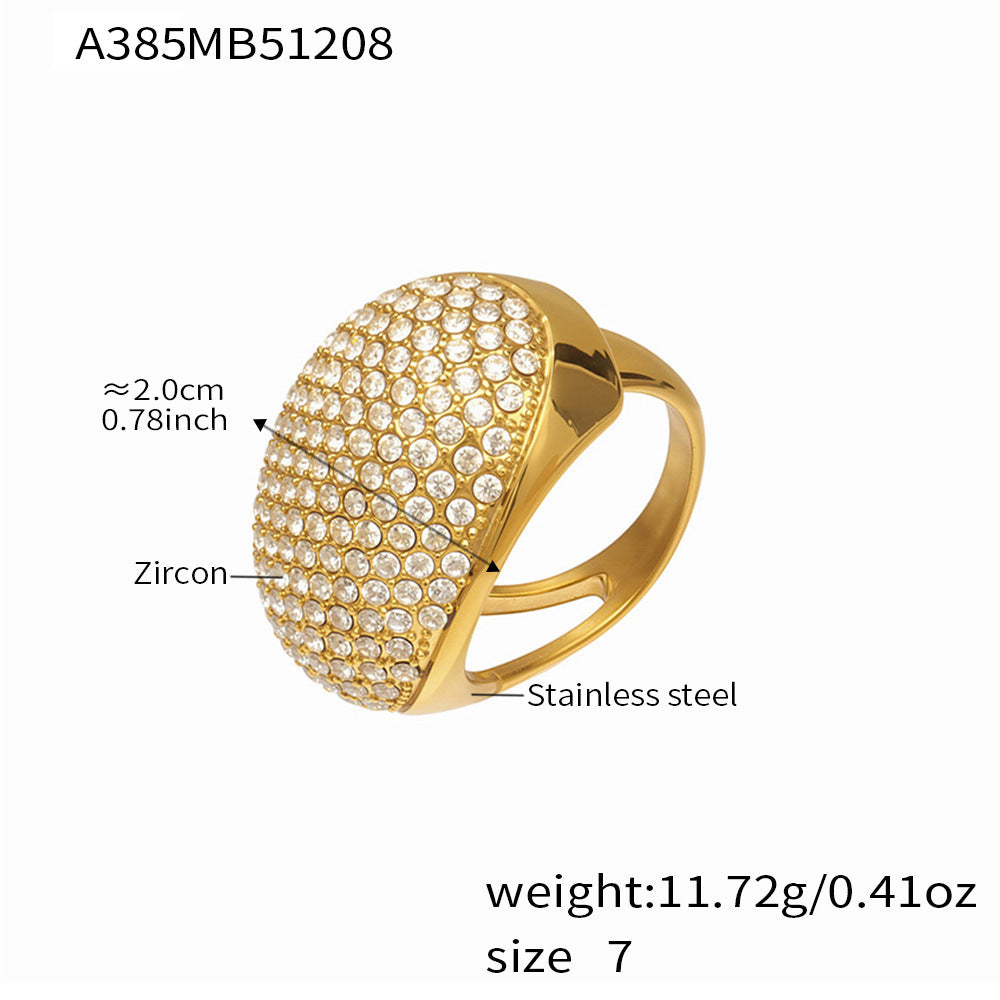 Gold tone 316L stainless steel pavé zircon ring A385 size chart showing 2.0cm top and 11.72g weight