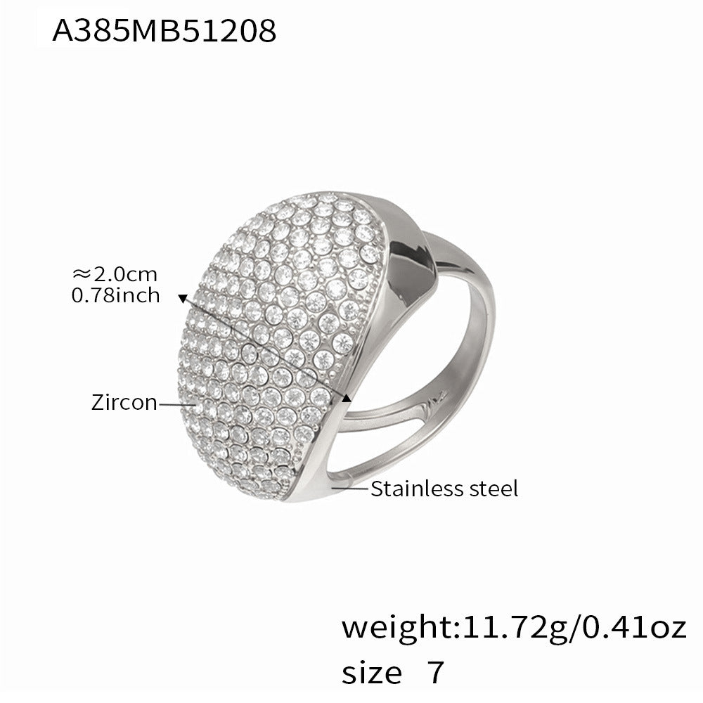 Steel tone 316L stainless steel pavé zircon ring A385 size chart showing 2.0cm top and 11.72g weight