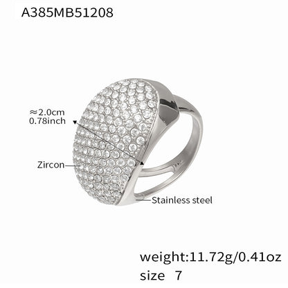 Steel tone 316L stainless steel pavé zircon ring A385 size chart showing 2.0cm top and 11.72g weight