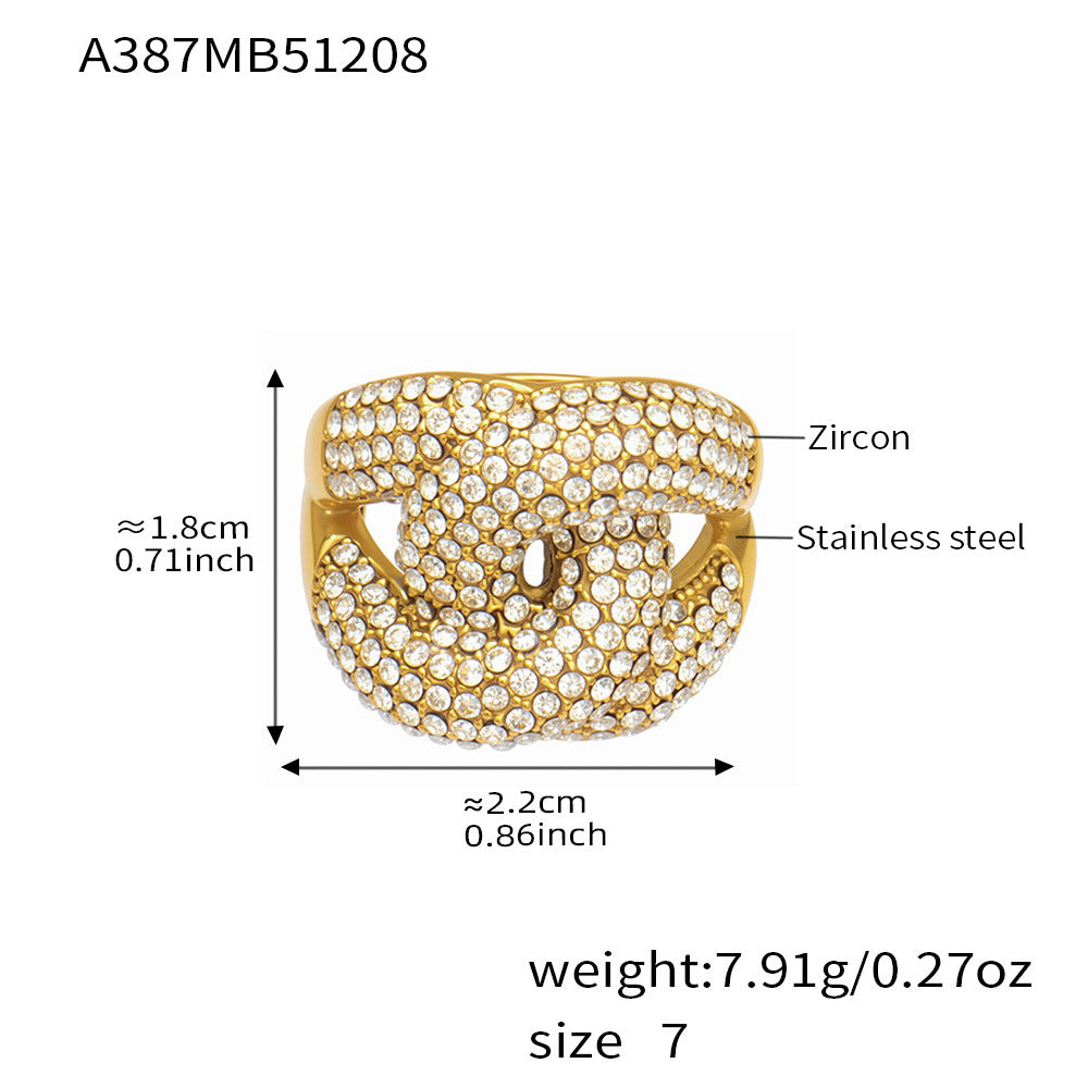 Gold tone 316L stainless steel pavé zircon open ring A387 size chart showing 2.2cm by 1.8cm and 7.91g