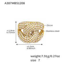 Gold tone 316L stainless steel pavé zircon open ring A387 size chart showing 2.2cm by 1.8cm and 7.91g
