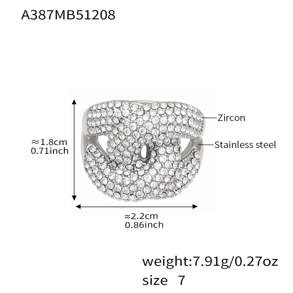 Steel tone 316L stainless steel pavé zircon open ring A387 size chart showing 2.2cm by 1.8cm and 7.91g