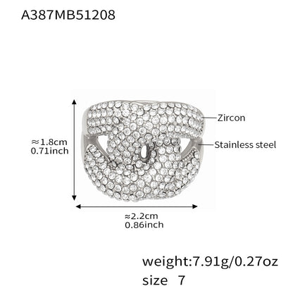 Steel tone 316L stainless steel pavé zircon open ring A387 size chart showing 2.2cm by 1.8cm and 7.91g