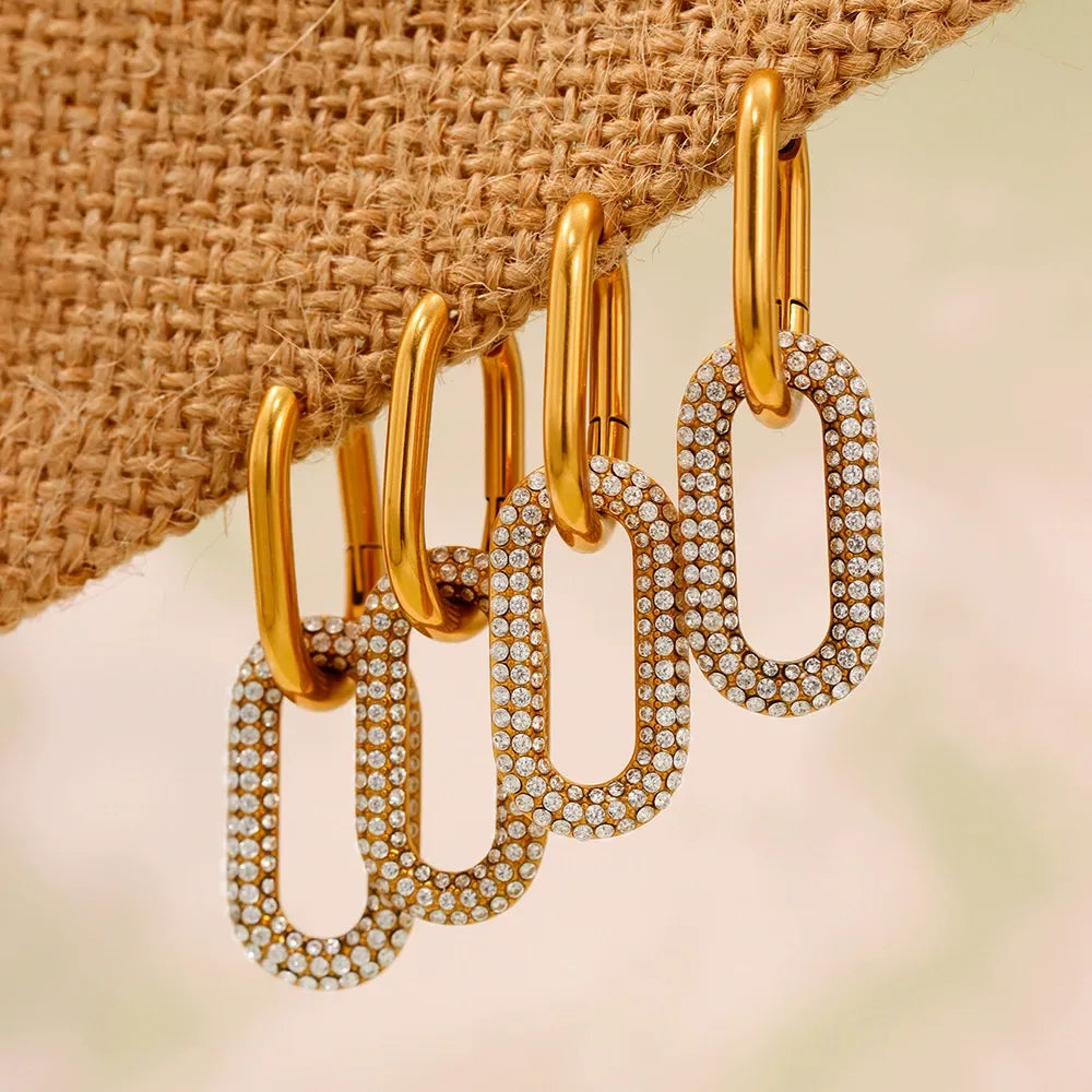 316L Stainless Steel Pave Zirconia Oval Double Hoop Earrings - Image 1