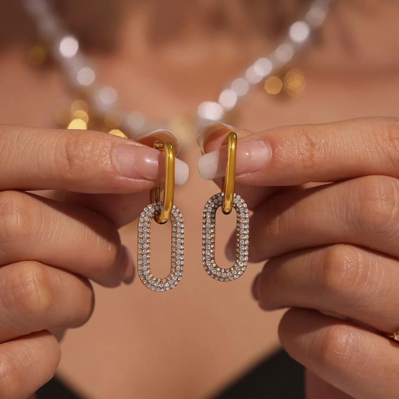 316L Stainless Steel Pave Zirconia Oval Double Hoop Earrings - Image 2