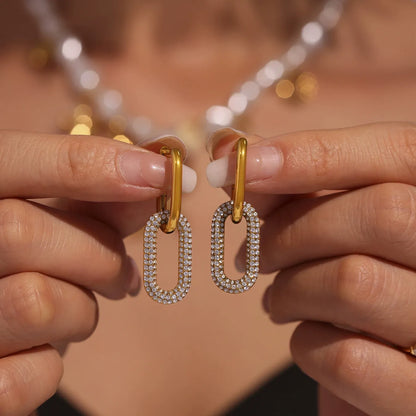 316L Stainless Steel Pave Zirconia Oval Double Hoop Earrings - Image 2