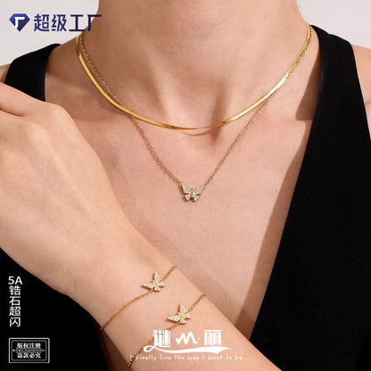 316L Stainless Steel Paved Butterfly Zircon Necklace and Bracelet Set - Image 1