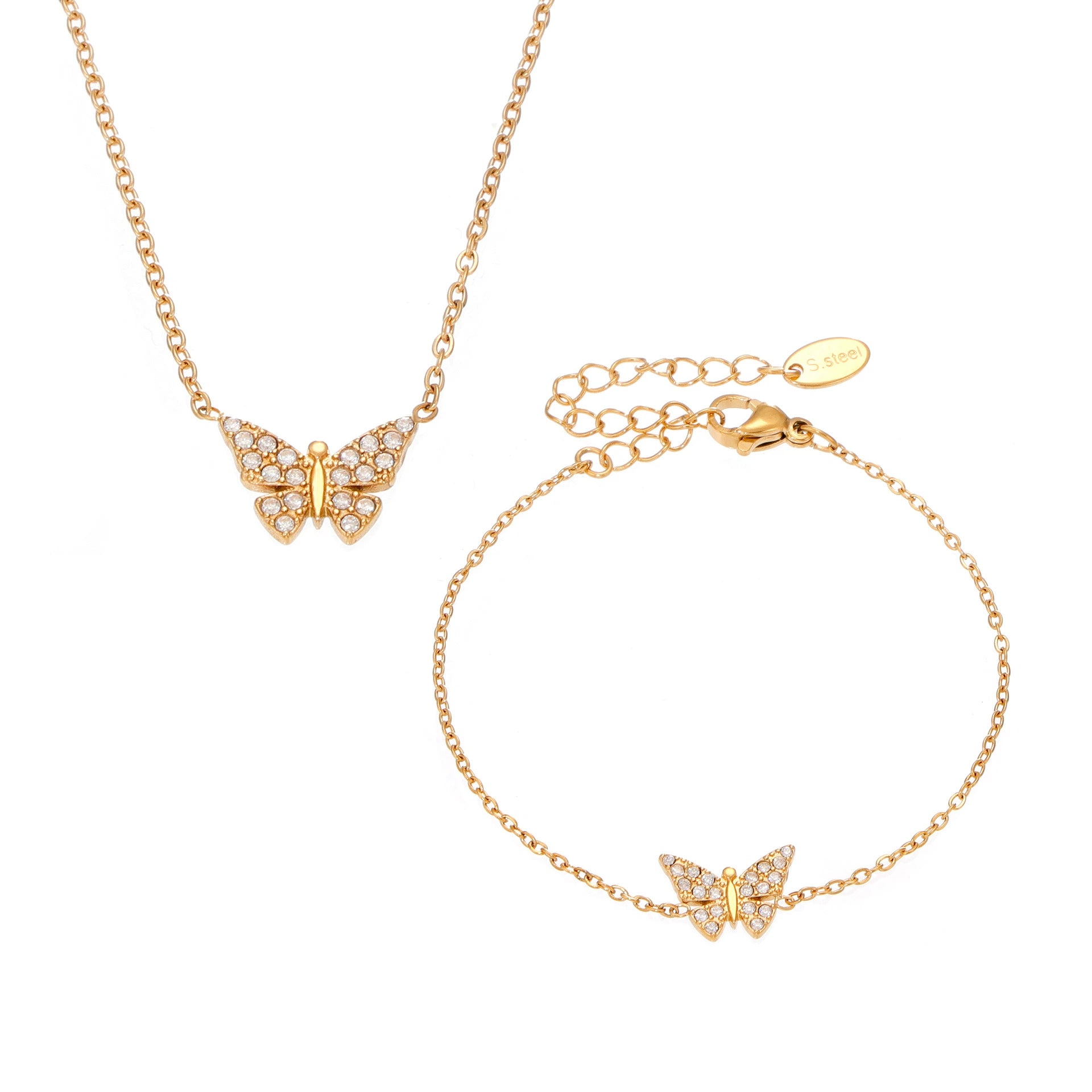 316L Stainless Steel Paved Butterfly Zircon Necklace and Bracelet Set - Image 5