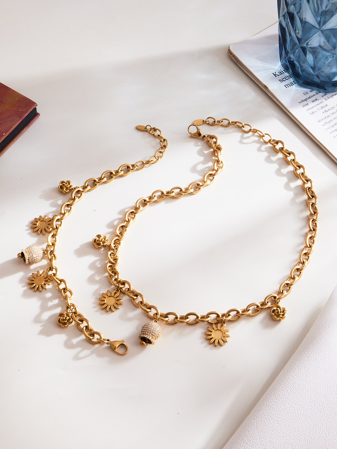 316L Stainless Steel Paved Zircon Bell Charm Bracelet and Necklace - Image 10