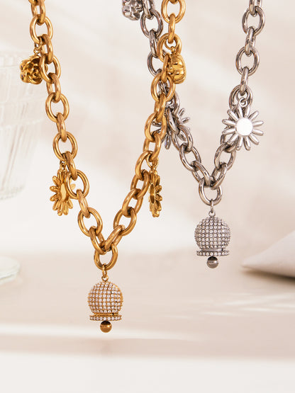 316L Stainless Steel Paved Zircon Bell Charm Bracelet and Necklace - Image 11