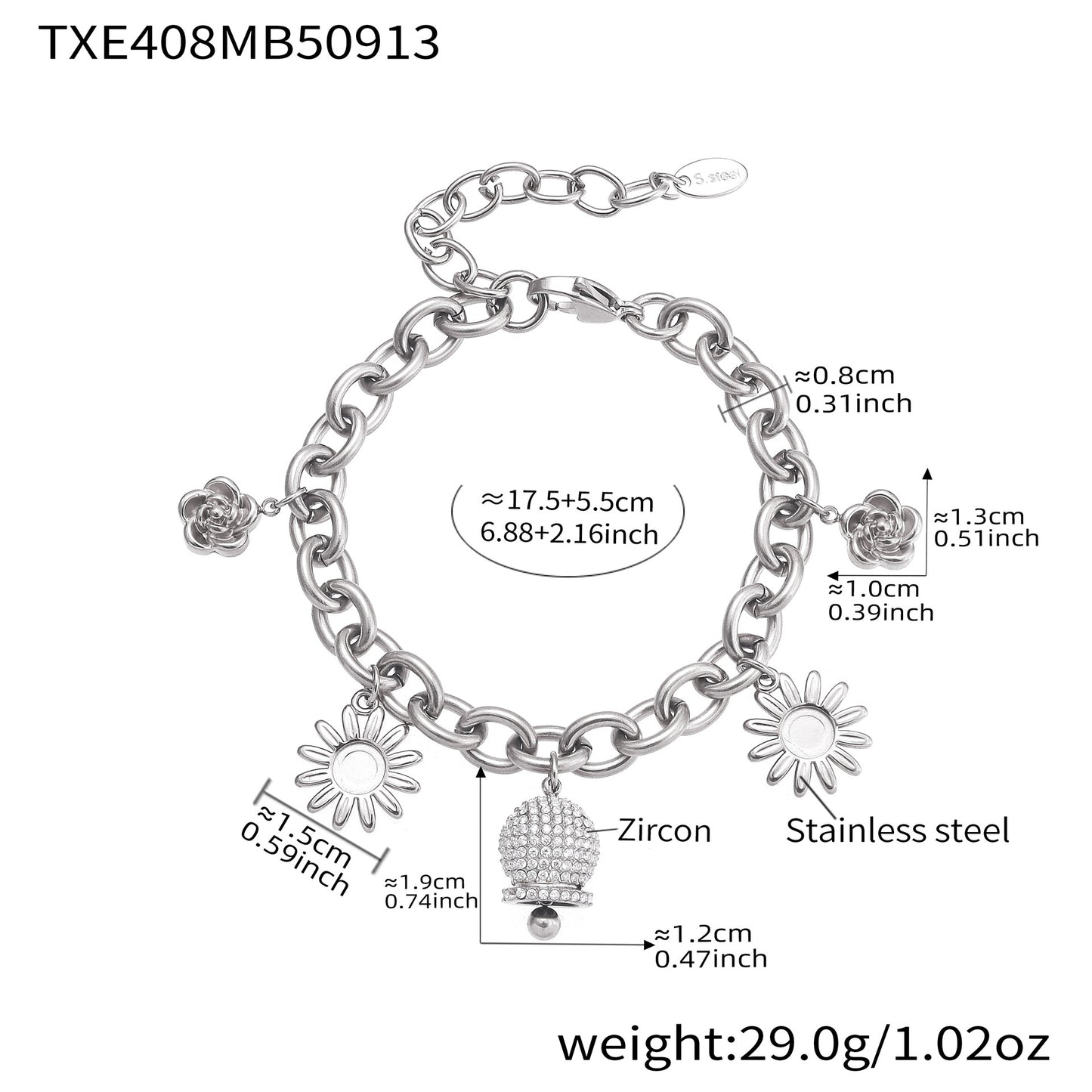 316L Stainless Steel Paved Zircon Bell Charm Bracelet and Necklace - Image 16