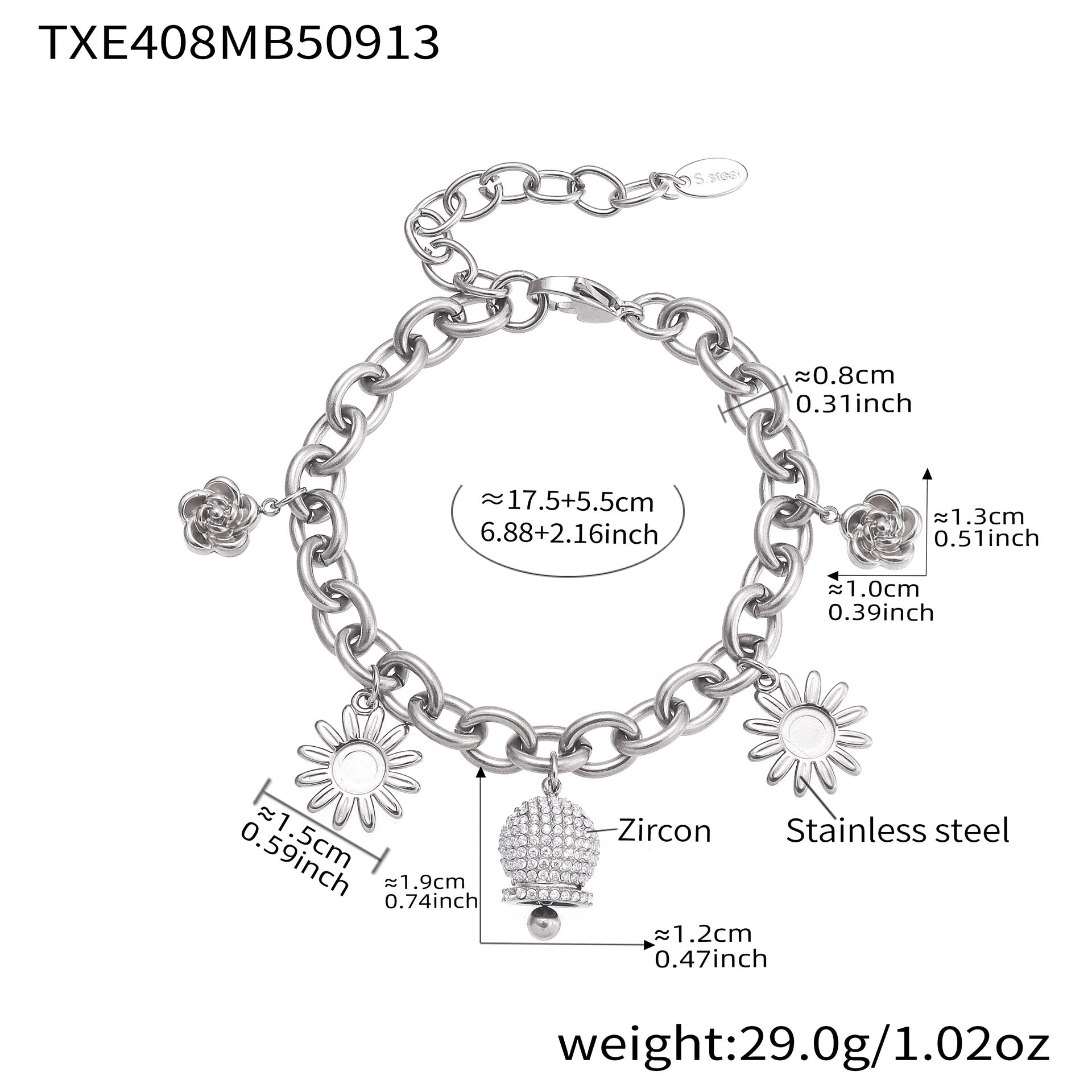 316L Stainless Steel Paved Zircon Bell Charm Bracelet and Necklace - Image 16