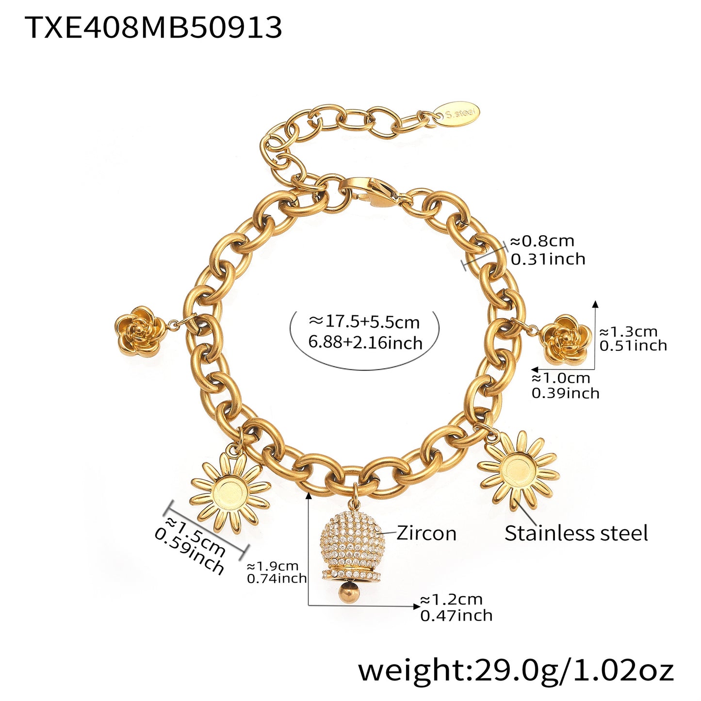 316L Stainless Steel Paved Zircon Bell Charm Bracelet and Necklace - Image 2