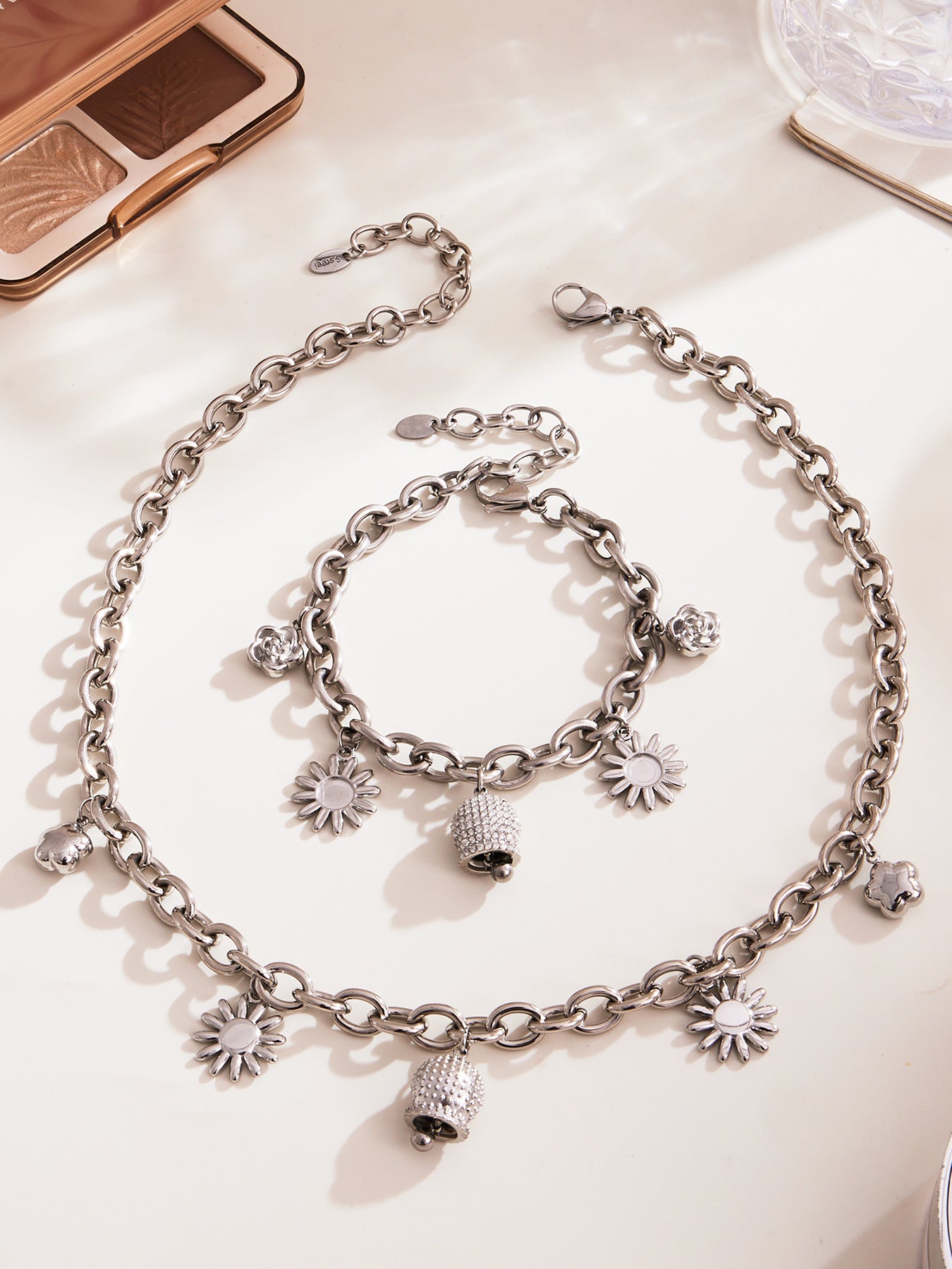 316L Stainless Steel Paved Zircon Bell Charm Bracelet and Necklace - Image 6