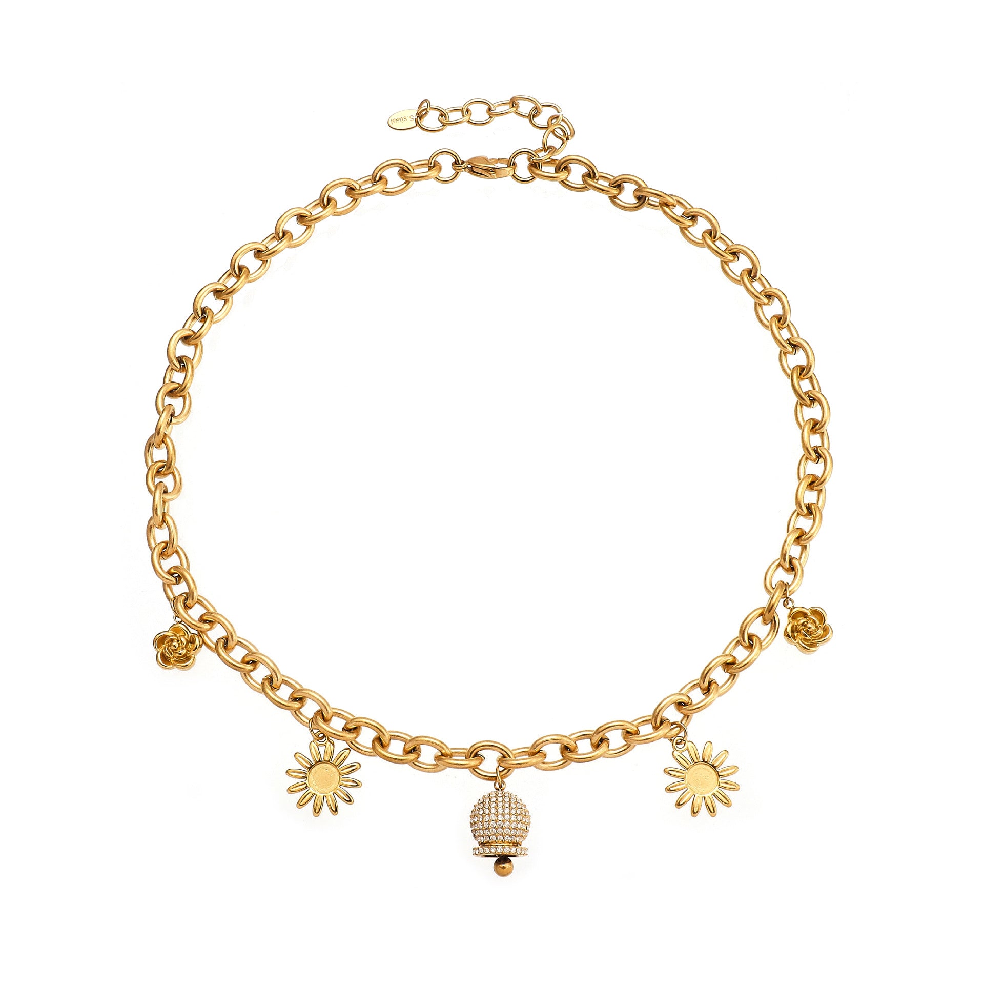 316L Stainless Steel Paved Zircon Bell Charm Bracelet and Necklace - Image 7