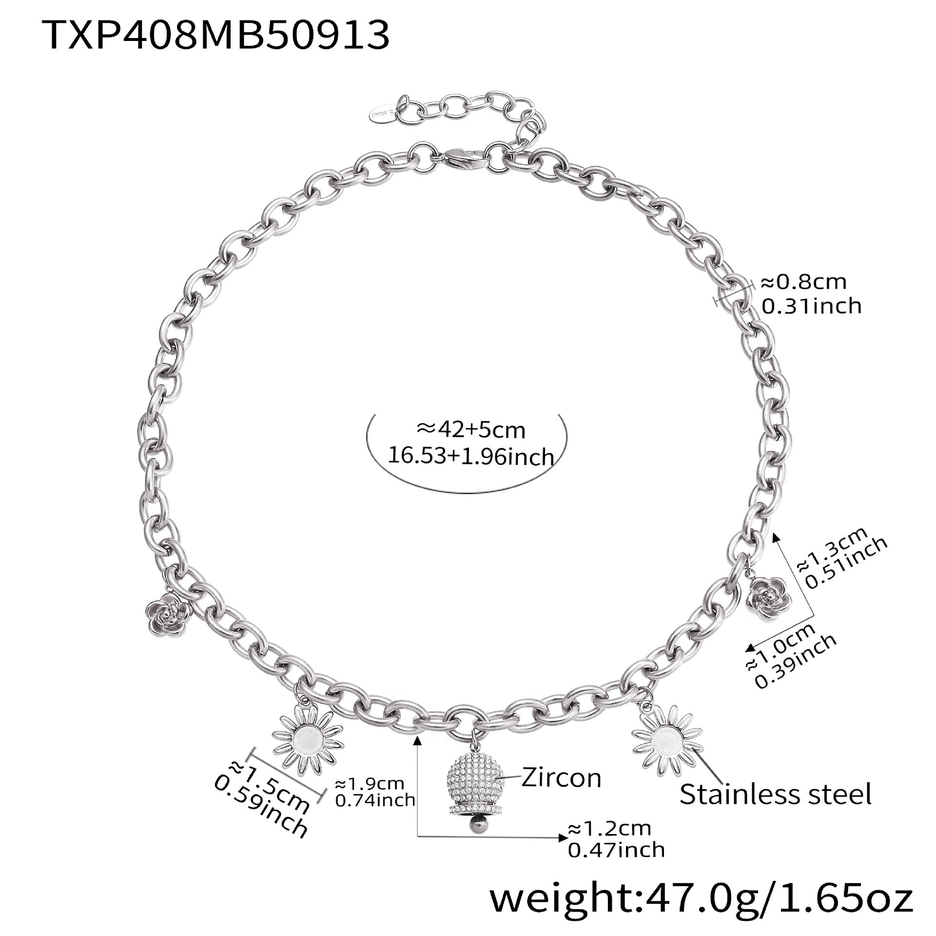 316L Stainless Steel Paved Zircon Bell Charm Bracelet and Necklace - Image 9