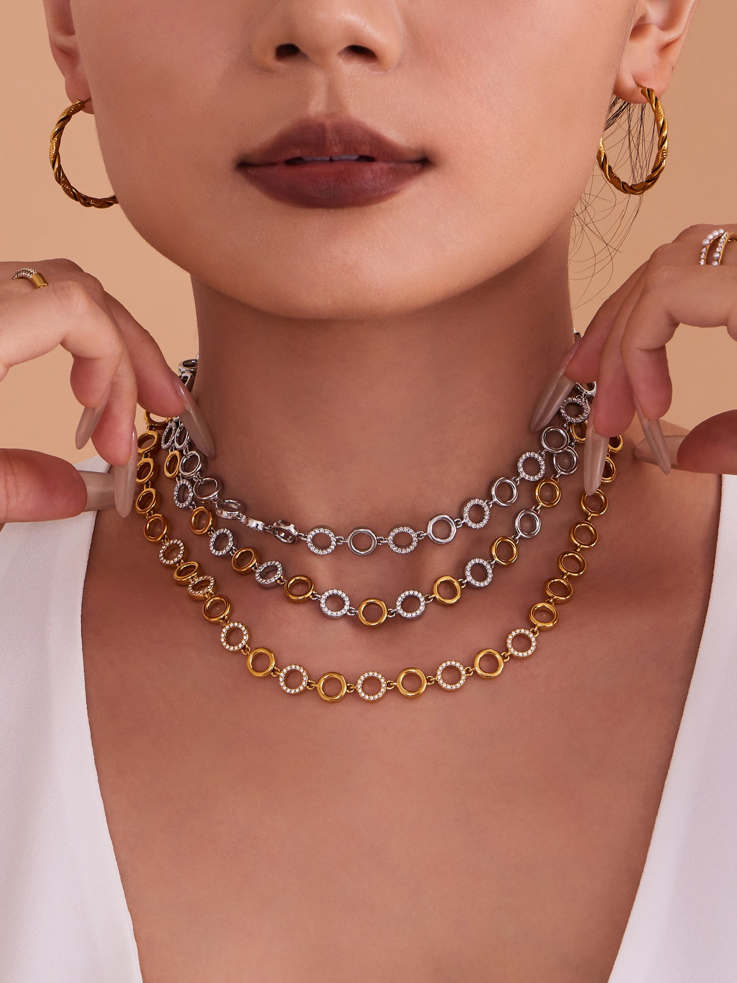 316L Stainless Steel Paved Zircon Circle Bracelet & Necklace Set - Image 1