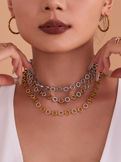 316L Stainless Steel Paved Zircon Circle Bracelet & Necklace Set - Image 1