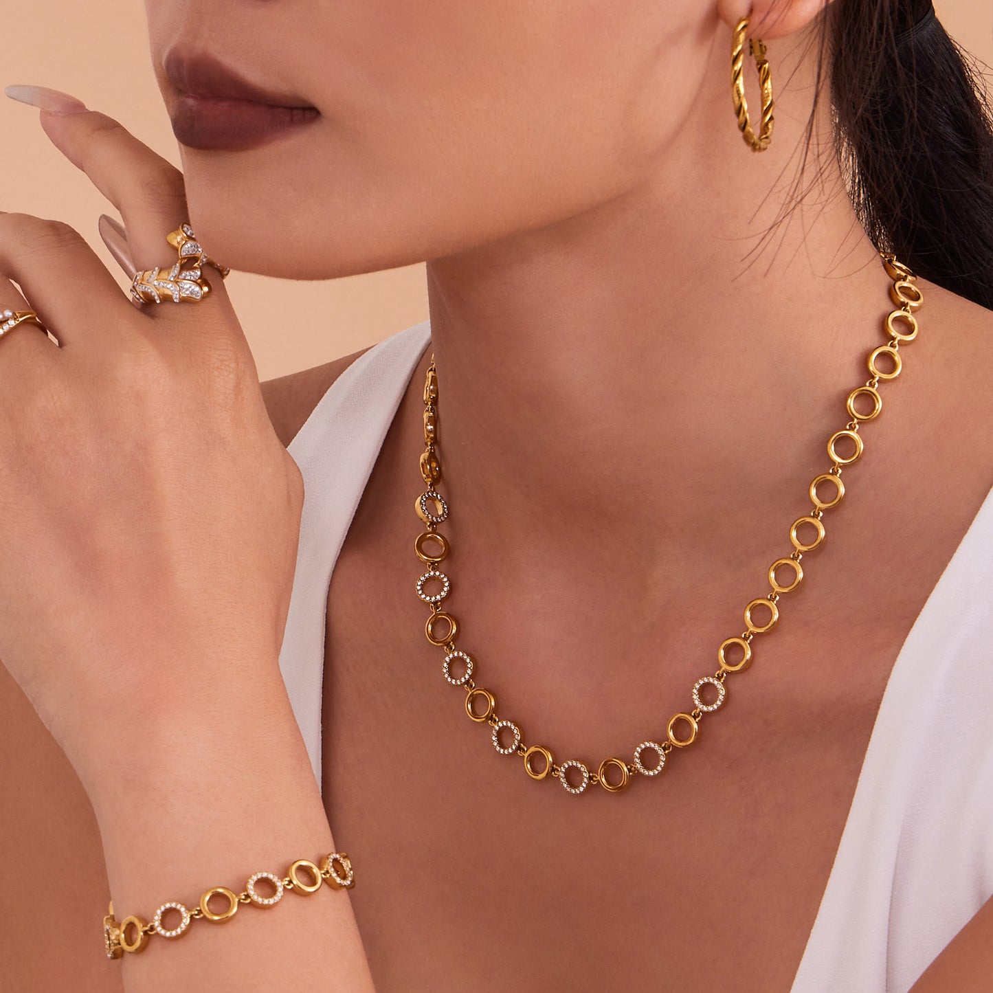 316L Stainless Steel Paved Zircon Circle Bracelet & Necklace Set - Image 5