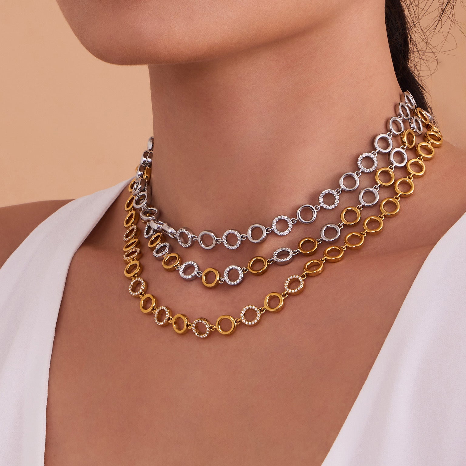 316L Stainless Steel Paved Zircon Circle Bracelet & Necklace Set - Image 6