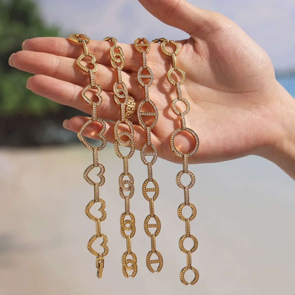 316L Stainless Steel Paved Zirconia Geometric Link Bracelet - Image 2