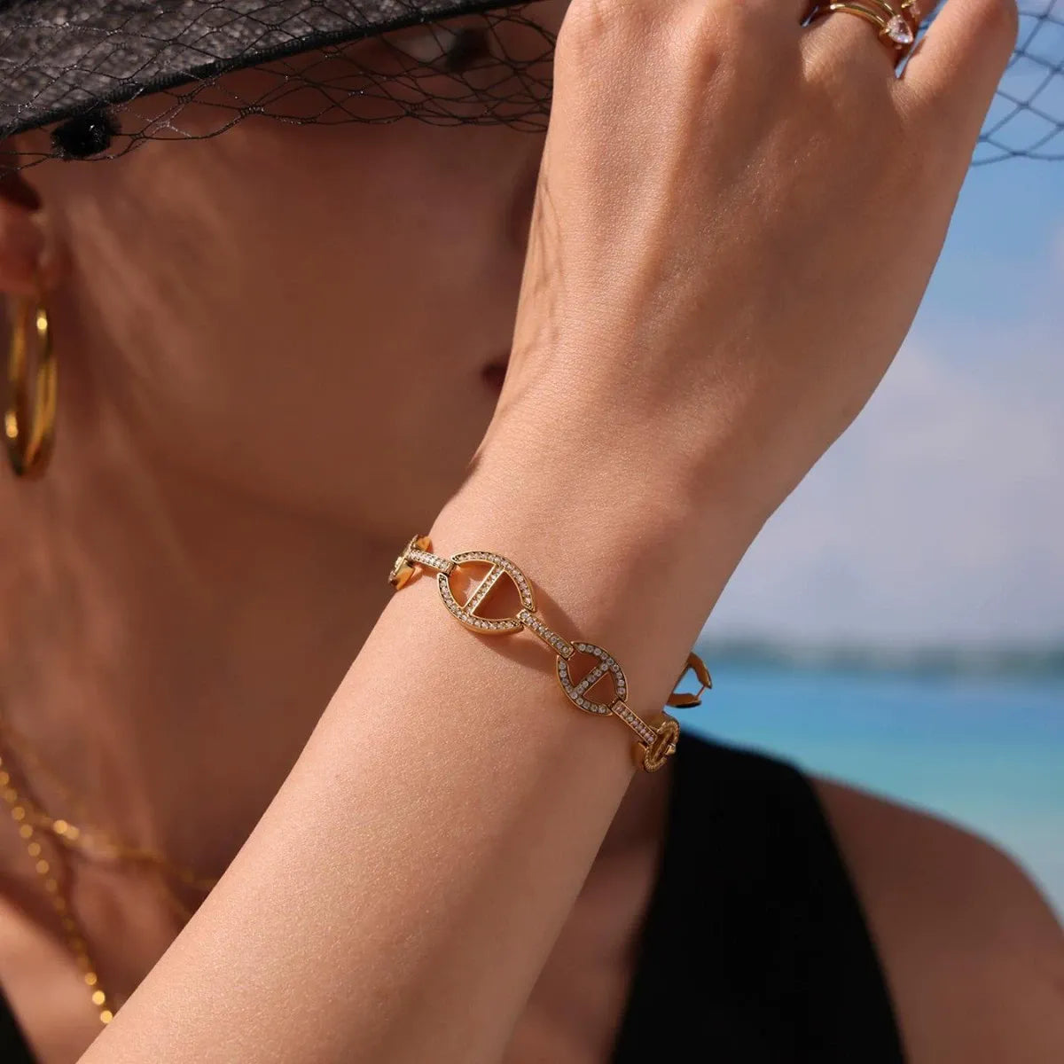 316L Stainless Steel Paved Zirconia Geometric Link Bracelet - Image 3