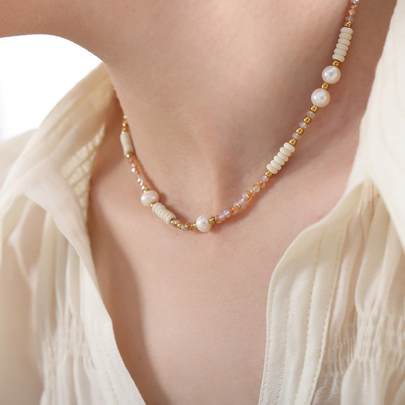 Pink glass stone and pearl beaded necklace made with 316L stainless steel for B2B wholesale