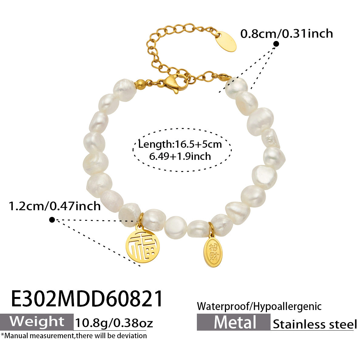 Elegant 316L stainless steel pearl bracelet