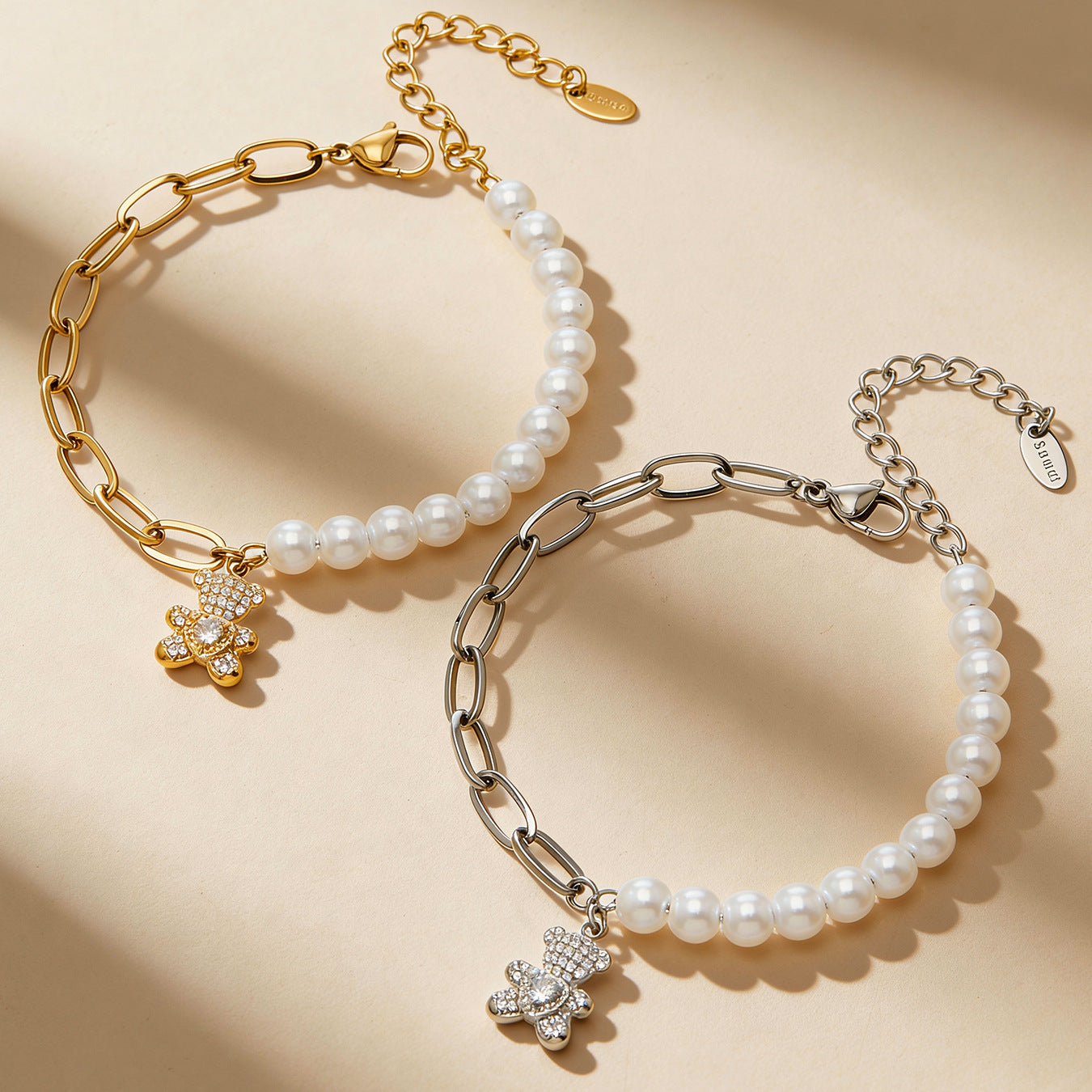 316L Stainless Steel Teddy Bear Charm Pearl Bracelet Set