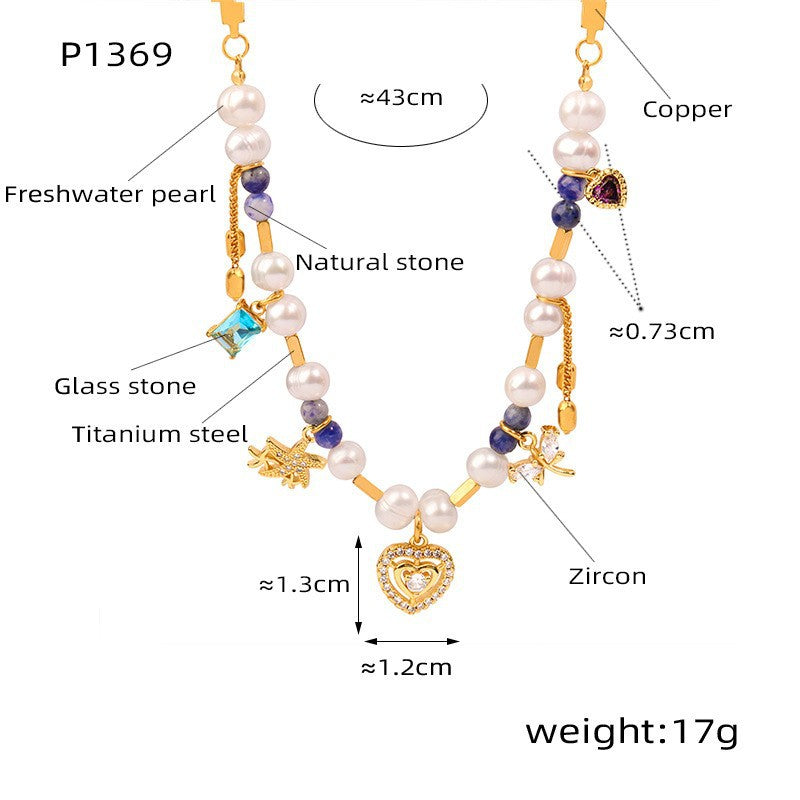 316L stainless steel charm necklace with freshwater pearls and natural stones showing size and weight details