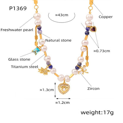 316L stainless steel charm necklace with freshwater pearls and natural stones showing size and weight details