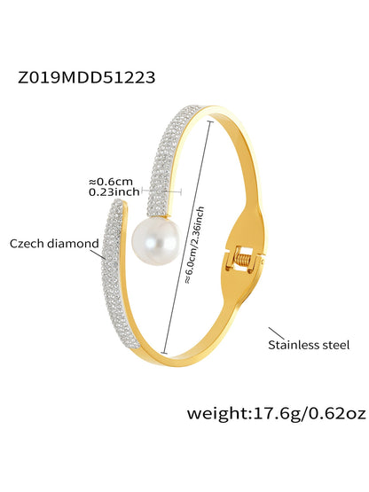 316L stainless steel pearl CZ open bangle bracelet with measurements and hinge clasp
