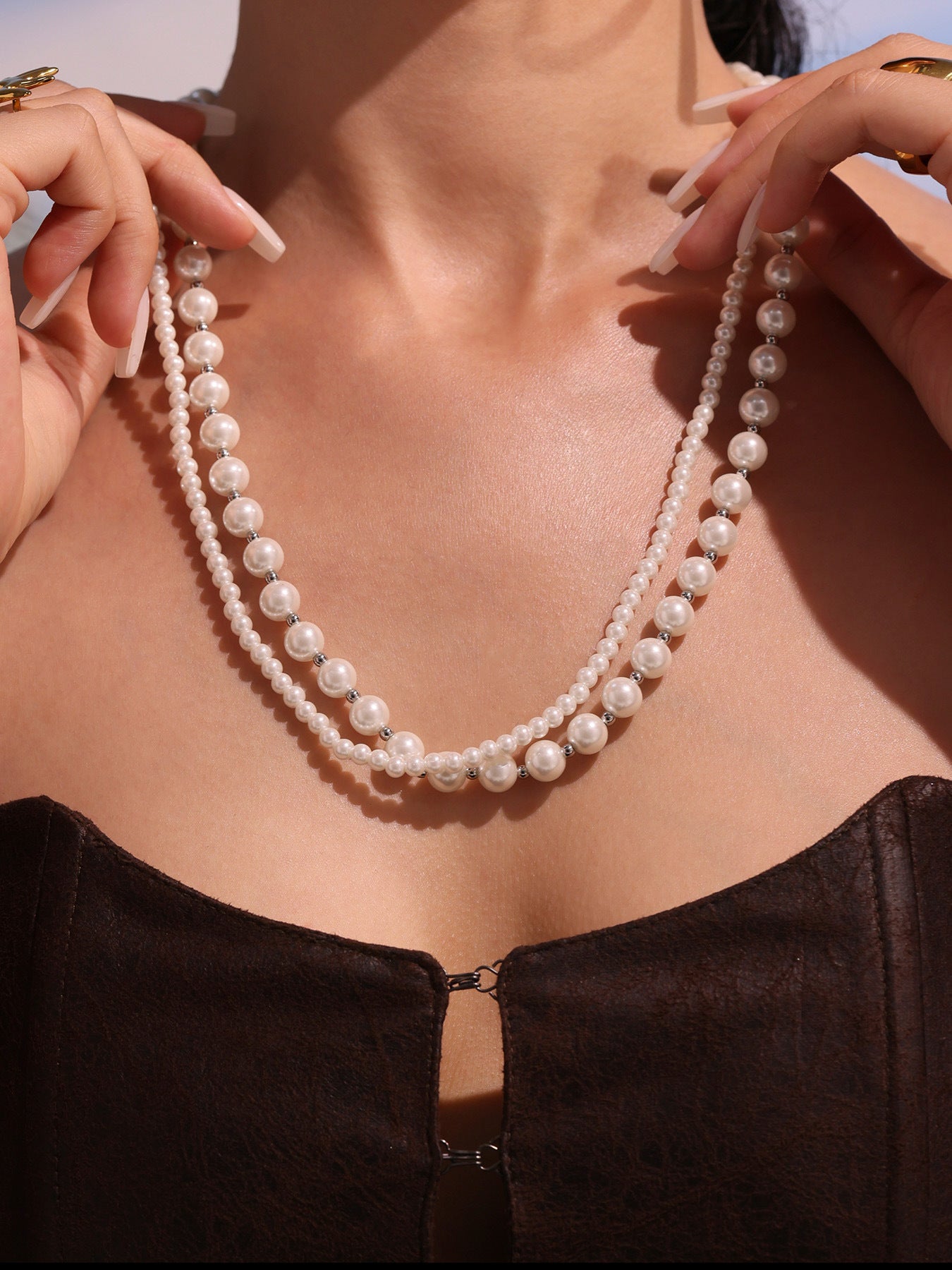 316L Stainless Steel Pearl Heart Double Layer Necklace - Image 8