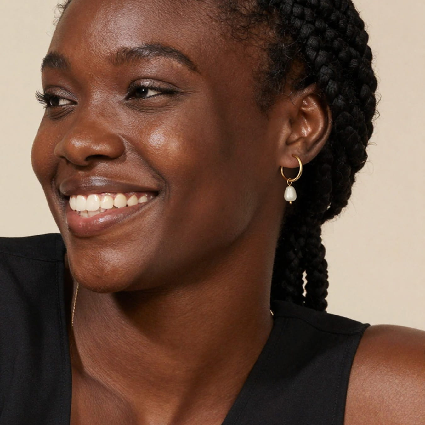 316L stainless steel freshwater pearl hoop earrings close up showing smooth hoop finish and pearl luster 18K PVD gold