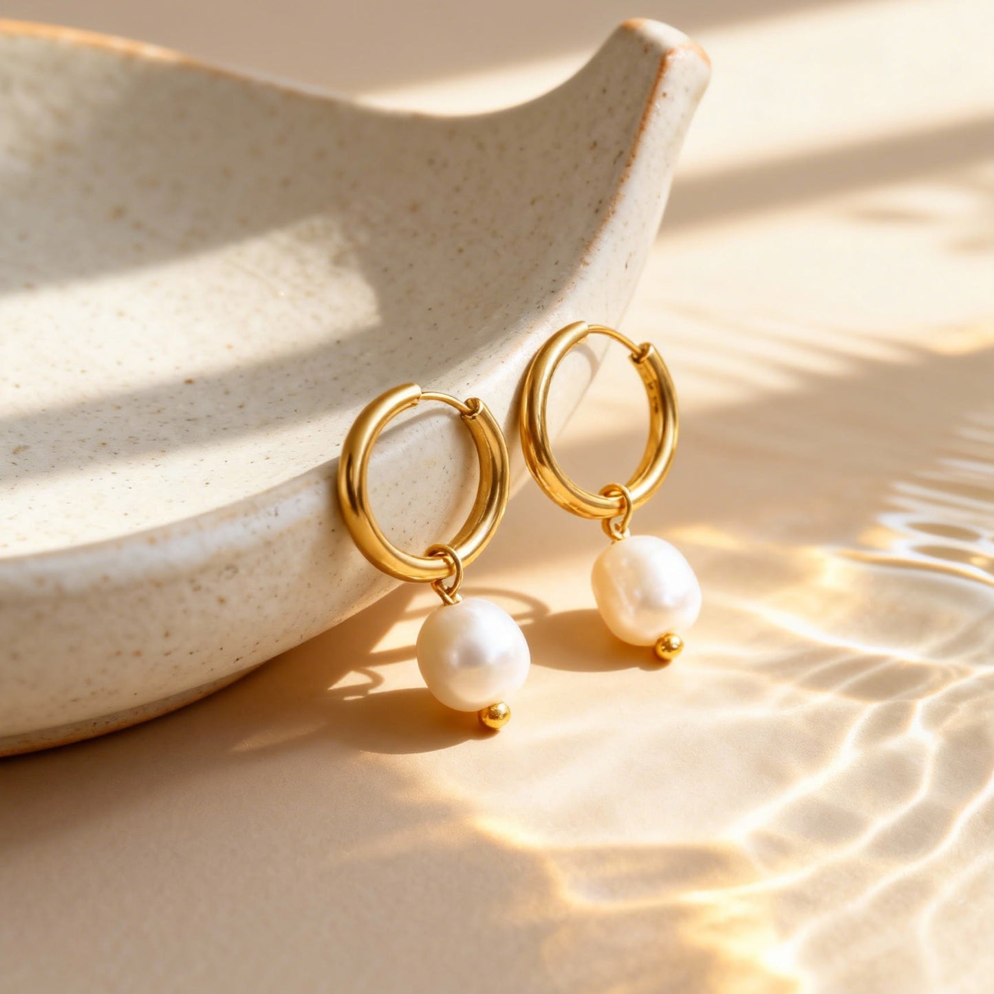316L stainless steel pearl hoop earrings in natural light 18K PVD gold plated with freshwater pearl drop waterproof style