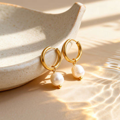 316L stainless steel pearl hoop earrings in natural light 18K PVD gold plated with freshwater pearl drop waterproof style
