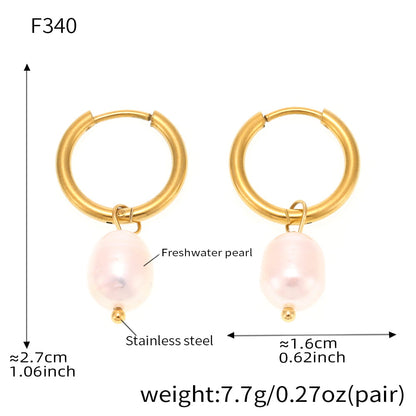 316L stainless steel freshwater pearl hoop earrings size and weight chart 18K PVD gold plated wholesale details