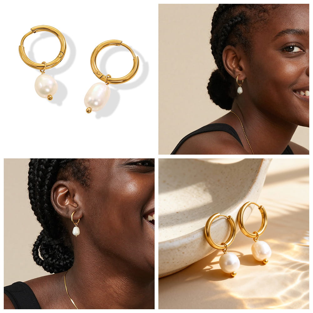 316L stainless steel pearl hoop earrings wholesale product set showing gold hoops and freshwater pearl drops