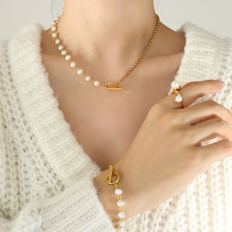 316L Stainless Steel Freshwater Pearl OT Clasp Necklace & Bracelet Set