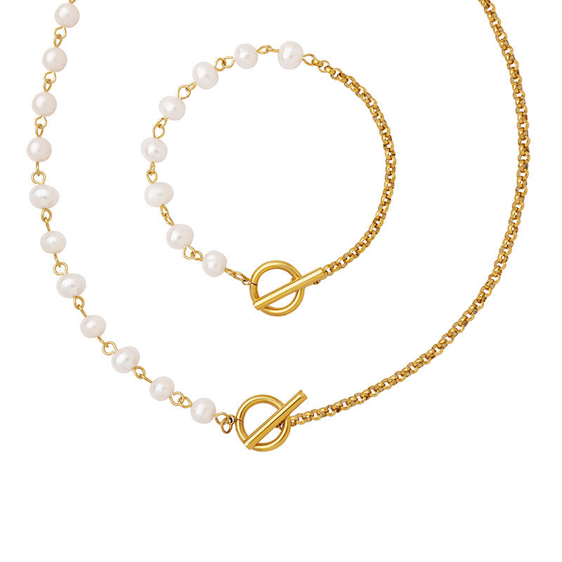 316L Stainless Steel Freshwater Pearl OT Clasp Necklace & Bracelet Set