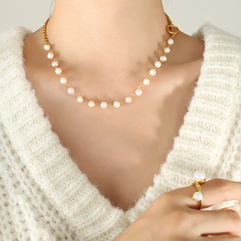 316L Stainless Steel Freshwater Pearl OT Clasp Necklace & Bracelet Set