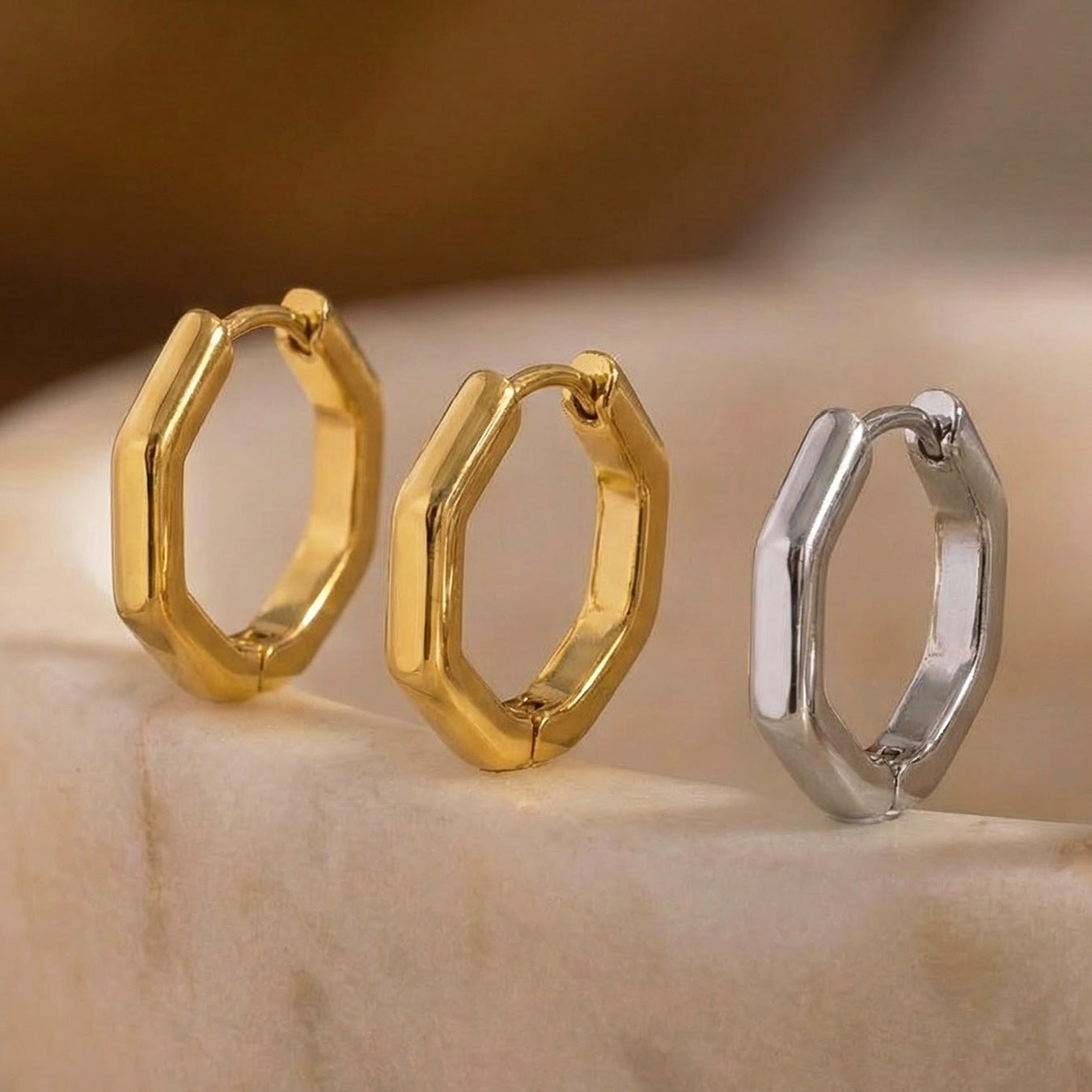 316L Stainless Steel Petite Hexagonal Huggie Earrings - Image 2