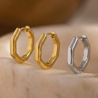 316L Stainless Steel Petite Hexagonal Huggie Earrings - Image 2