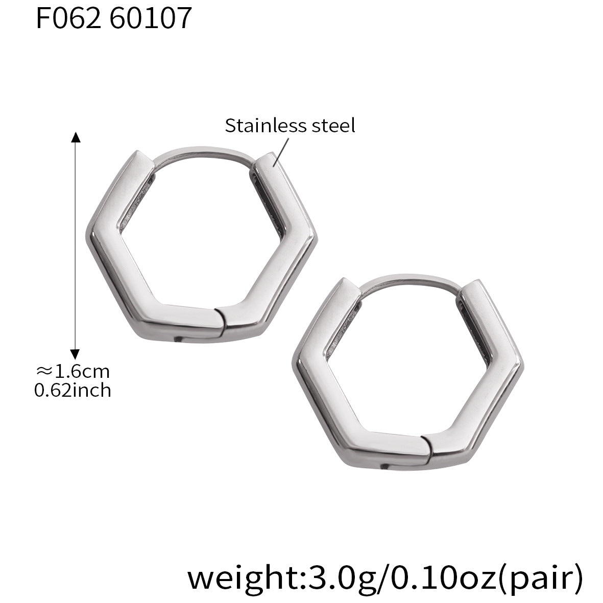 316L Stainless Steel Petite Hexagonal Huggie Earrings - Image 4