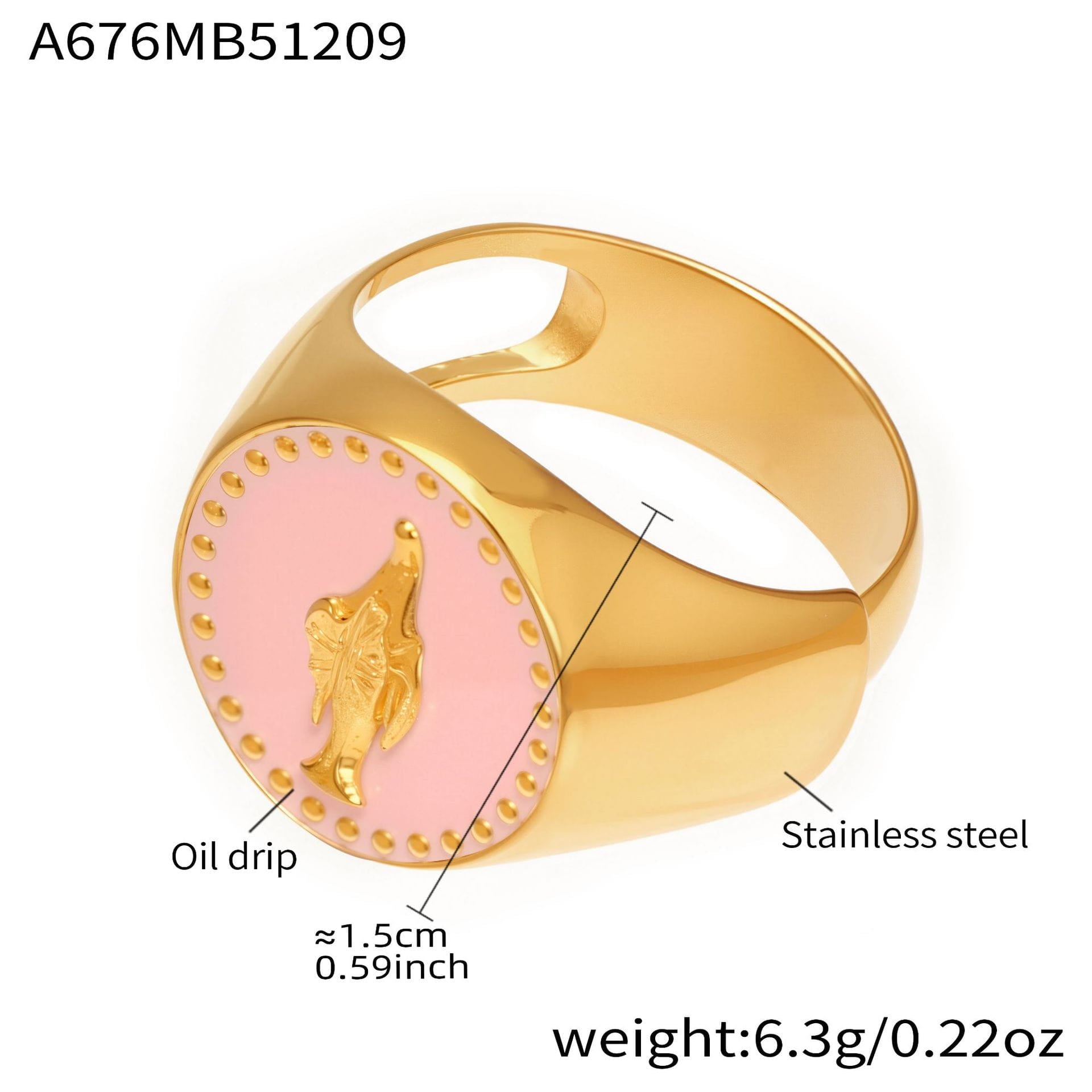 316L stainless steel pink enamel oil drip signet ring with 18K PVD gold plating, wholesale jewelry