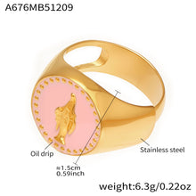 316L stainless steel pink enamel oil drip signet ring with 18K PVD gold plating, wholesale jewelry